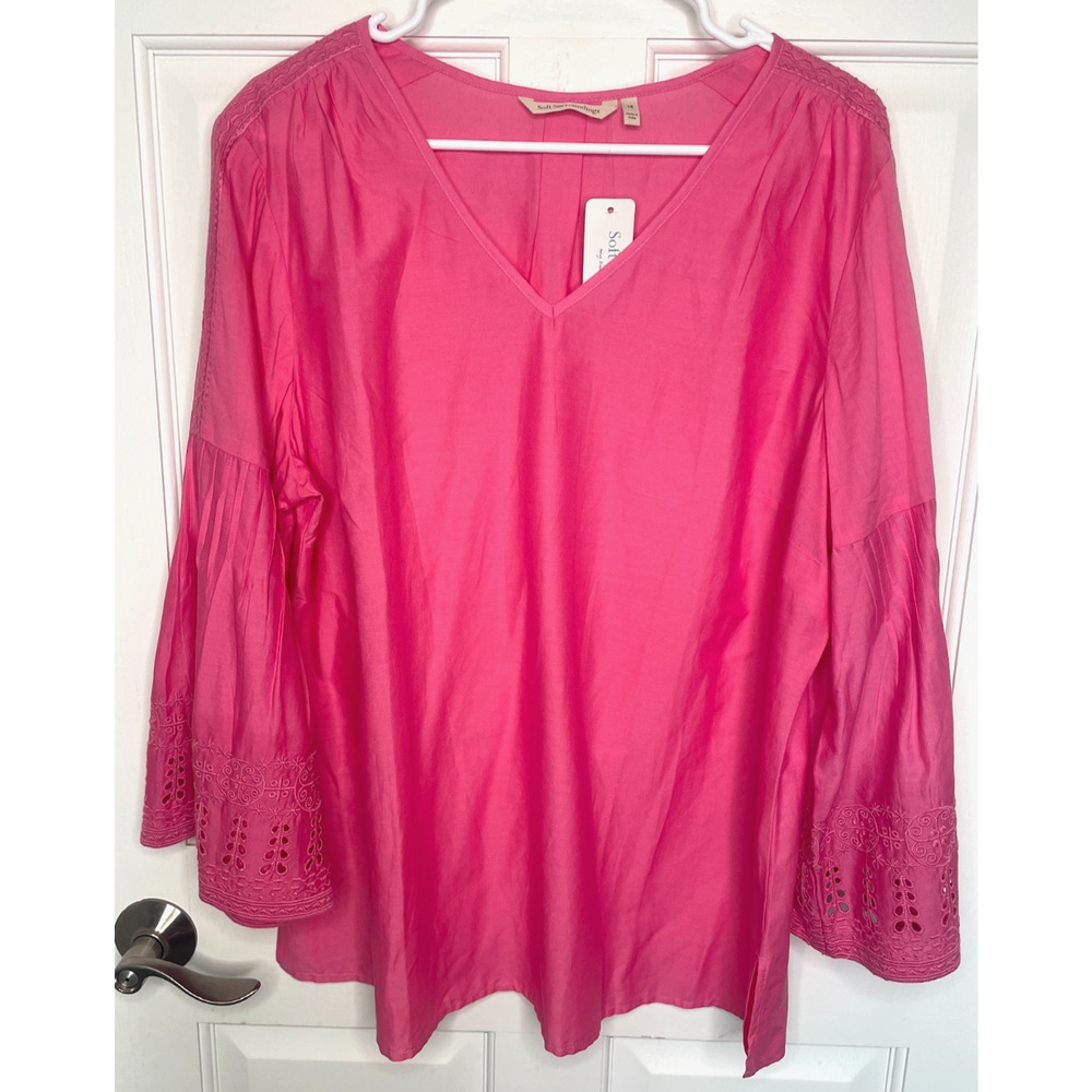 NWT Soft Surroundings Boho Embroidered Blouse Top Sz 1X V-Neck Flare Sleeve